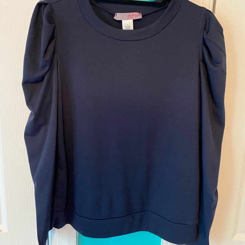 Paper Doll navy blue long sleeve with pleated puff shoulders (not padded)